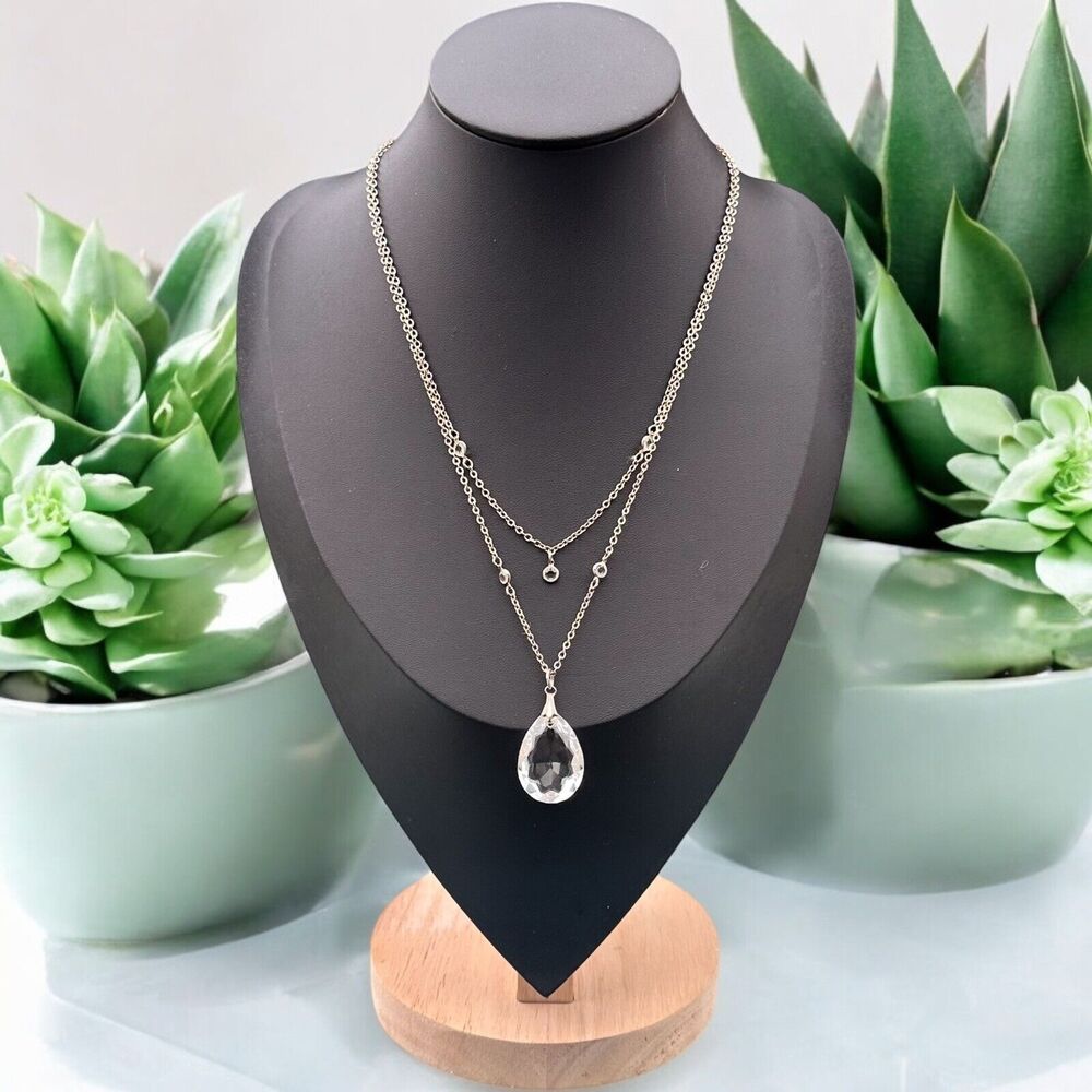 Act II Crystal Layered Chain Drop Necklace Silver Tone Teardrop Pendant Stack